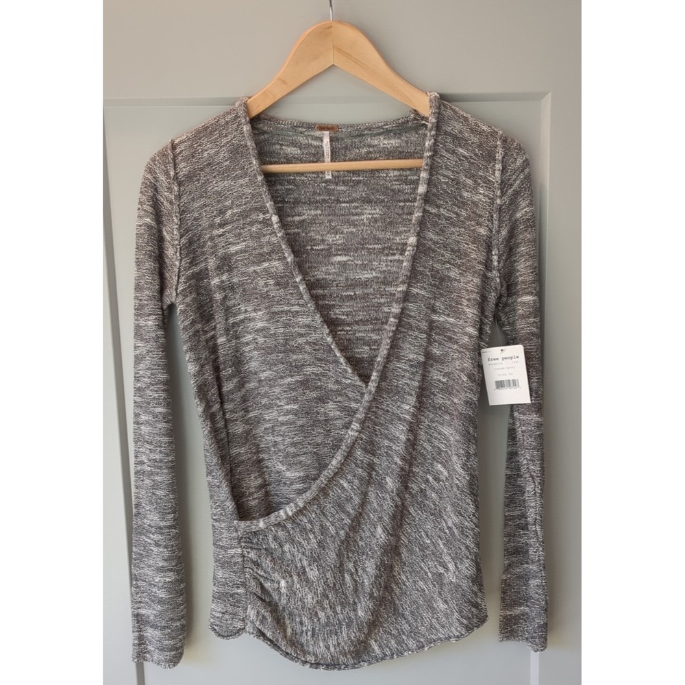 Free People Women's Cotton Linen Blend Gray Long Sleeve Yoga Wrap Sweater Sz XS‎